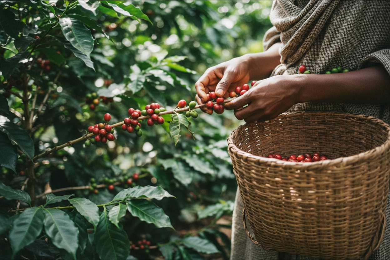 Picking day: cherries going into the basket.