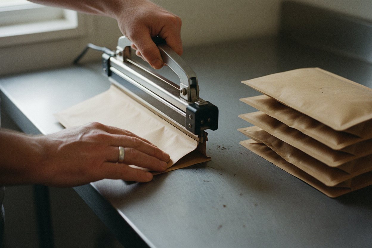 Bagging and labelling: scale, bags, lot cards on the table.
