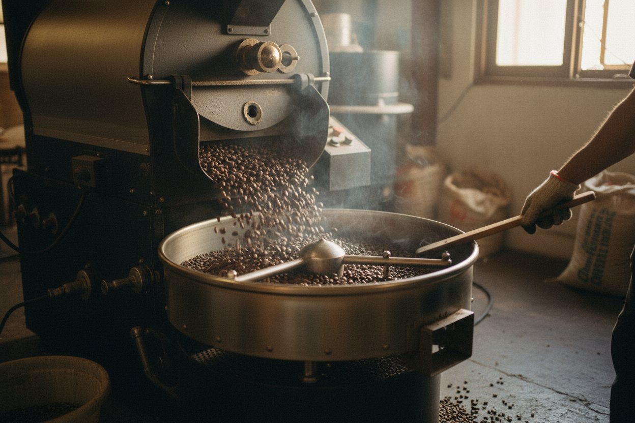 The drum roaster mid-batch, beans visible in the trier.