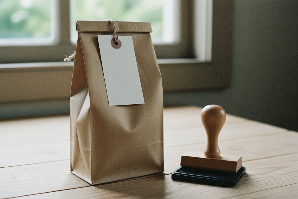 The finished bag with its trace card, lot code facing the camera.
