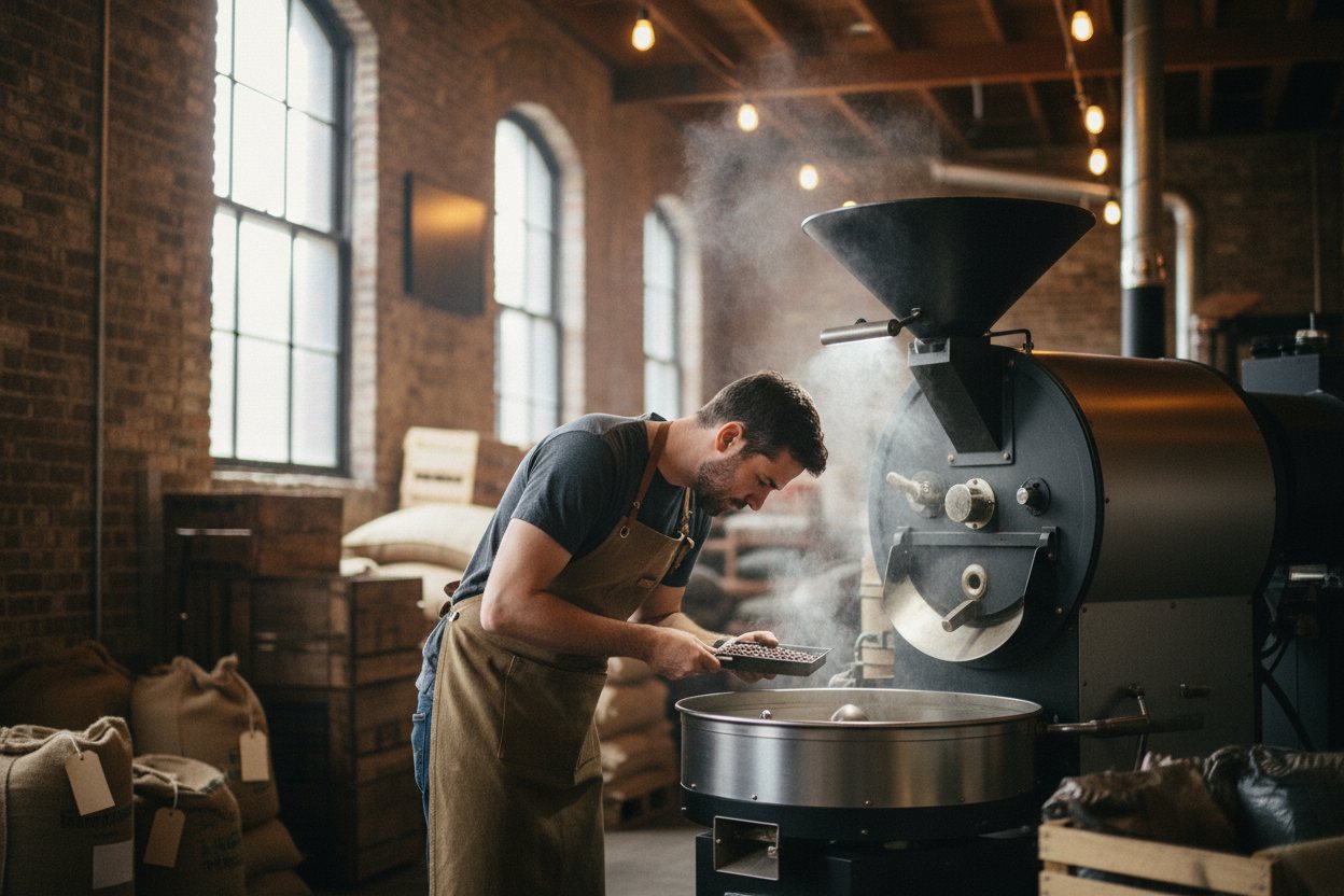 The pilot roast in progress, with the roaster or their hands in frame if they agree.